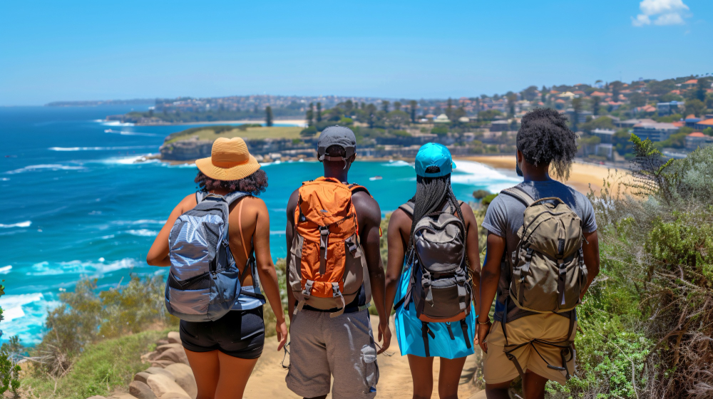 Groupe de voyageurs face à une baie turquoise