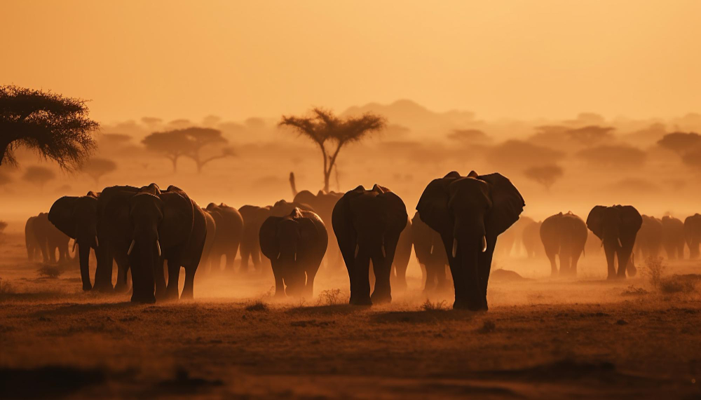 Éléphants au coucher de soleil dans la savane africaine